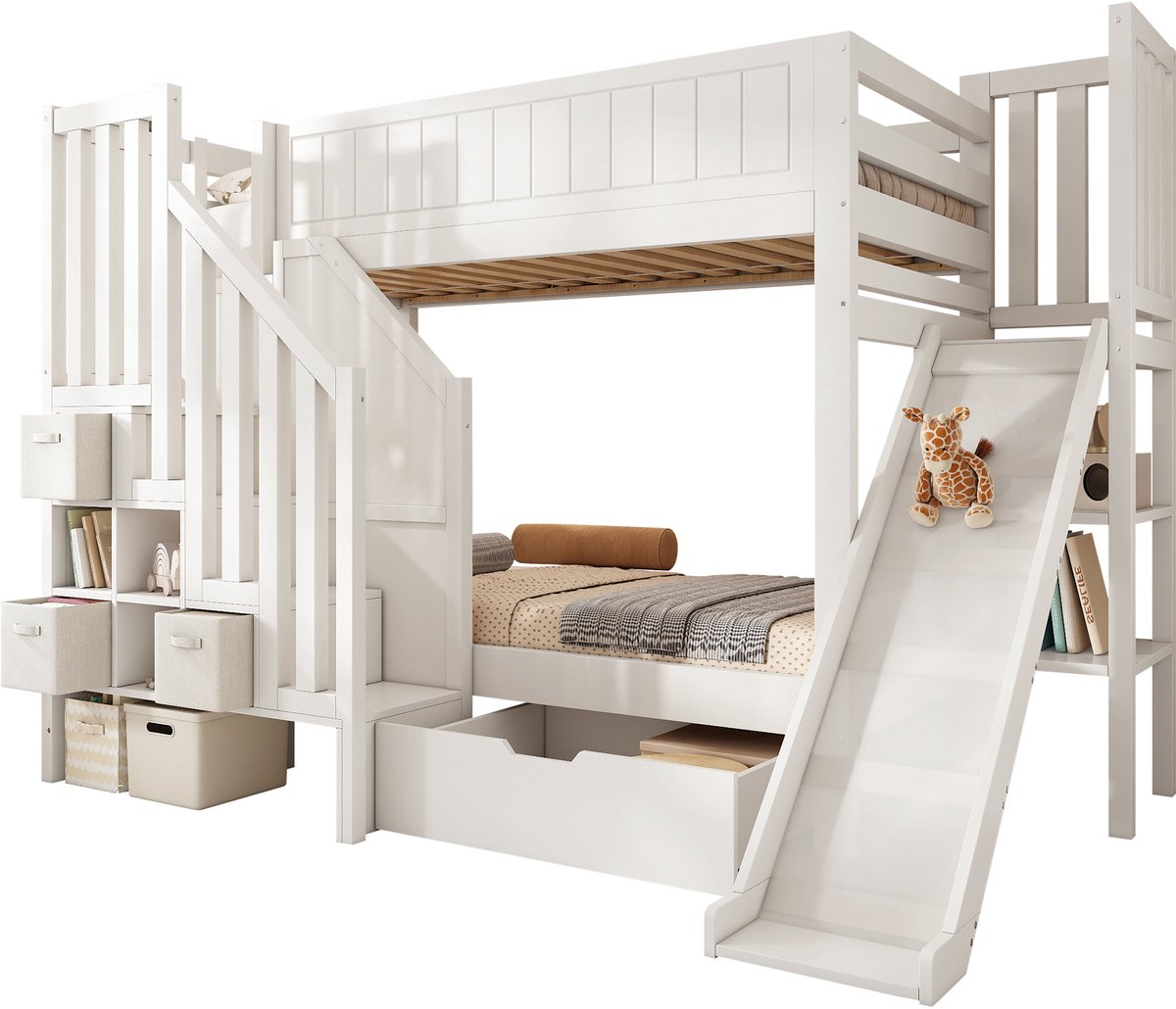 Wishdor Kinderstapelbed 90 x 200 cm – Glijbaan en Ladderkast met 6 Vakken – Rolwielenkasten en Stoffen Laden – EN 747-1:2024 Gecertificeerd – Geschikt voor Kinderslaapkamer vanaf 6 Jaar – Grenenhout, MDF en Multiplex – Wit