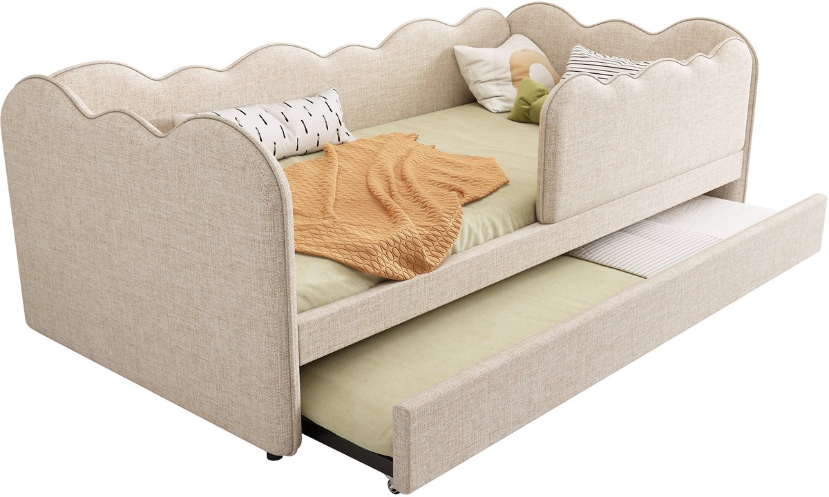 Wishdor Eenpersoonsbed 90x190 cm – Uitschuifbed & lattenbodem – Wolkvormig design – Linnen – Beige – Zachte dromen in een wolk van comfort