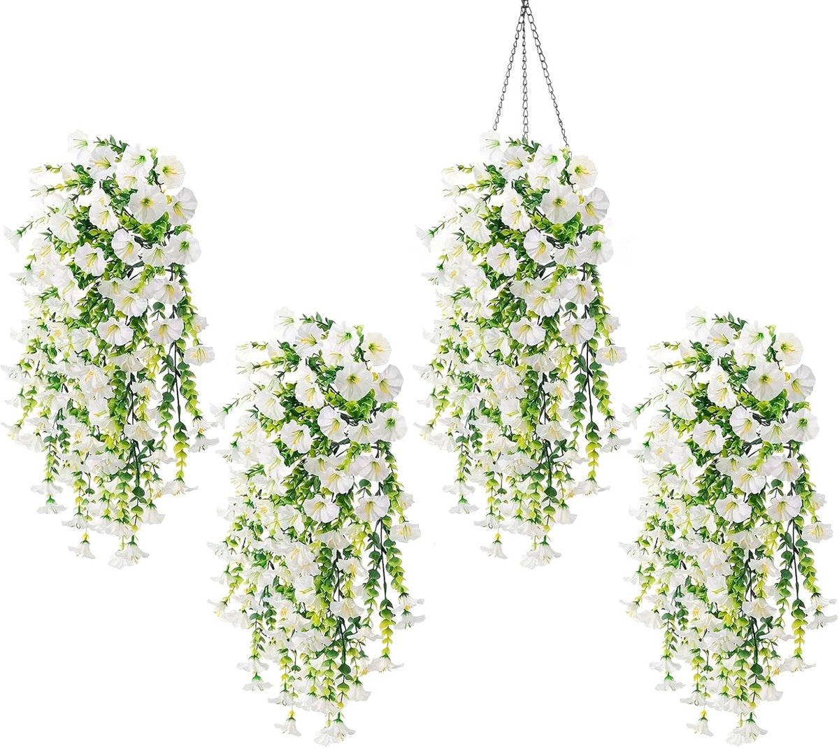 4 stuks witte kunsthangplanten met petunia's en eucalyptusbladeren - realistische buiten- en binnenplanten voor muurdecoratie, tuin, huis en bruiloft