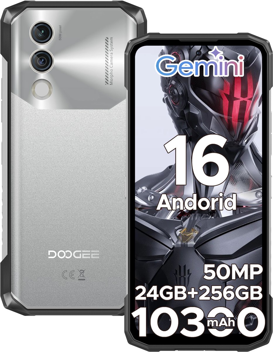 DOOGEE Blade 10 Power 4G - Robuuste Smartphone - Robuuste Telefoon - 24 GB RAM + 256 GB ROM/2TB TF - 10300 mAh/18 W - Android 16 - NFC - GPS - Face ID - IP68 - Zilver