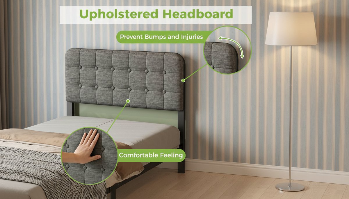 Eenpersoonsbed 80x190 cm Casa Velluto – Gestoffeerd Hoofdeinde, Metalen Bedframe met Lattenbodem, Veel Opbergruimte Onder Bed, Geluidsvrij, Eenvoudige Montage, Modern Grijs Slaapkamer Meubel