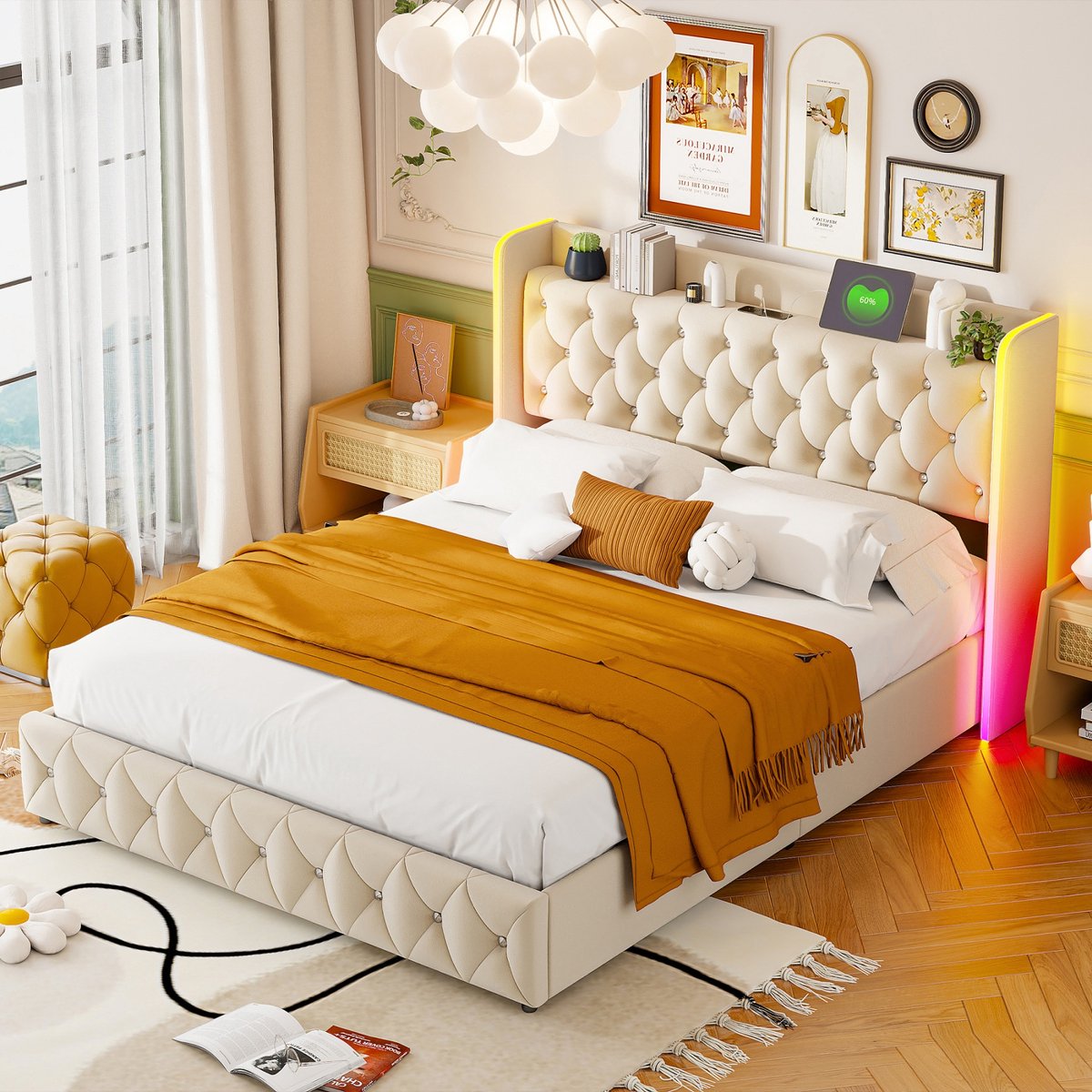 ROSAHQNDA Gestoffeerd bed 160x200cm met LED-verlichting, USB- en Type-C-oplaadpoorten, modern tweepersoonsbed, kinderbed, fluwelen stof, beige, zonder matras