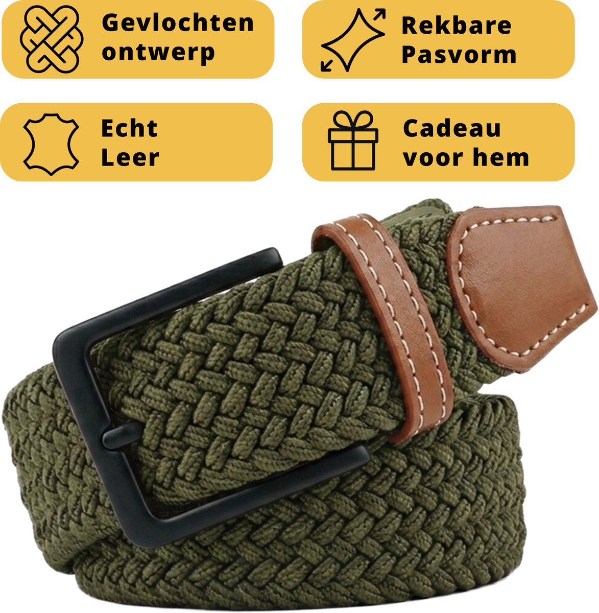 Garzini Elastische Riem Heren - Gevlochten Broekriem Heren zonder gaatjes - Broekriem zonder gaatjes - W31-W33 (91-99 cm) - Groen