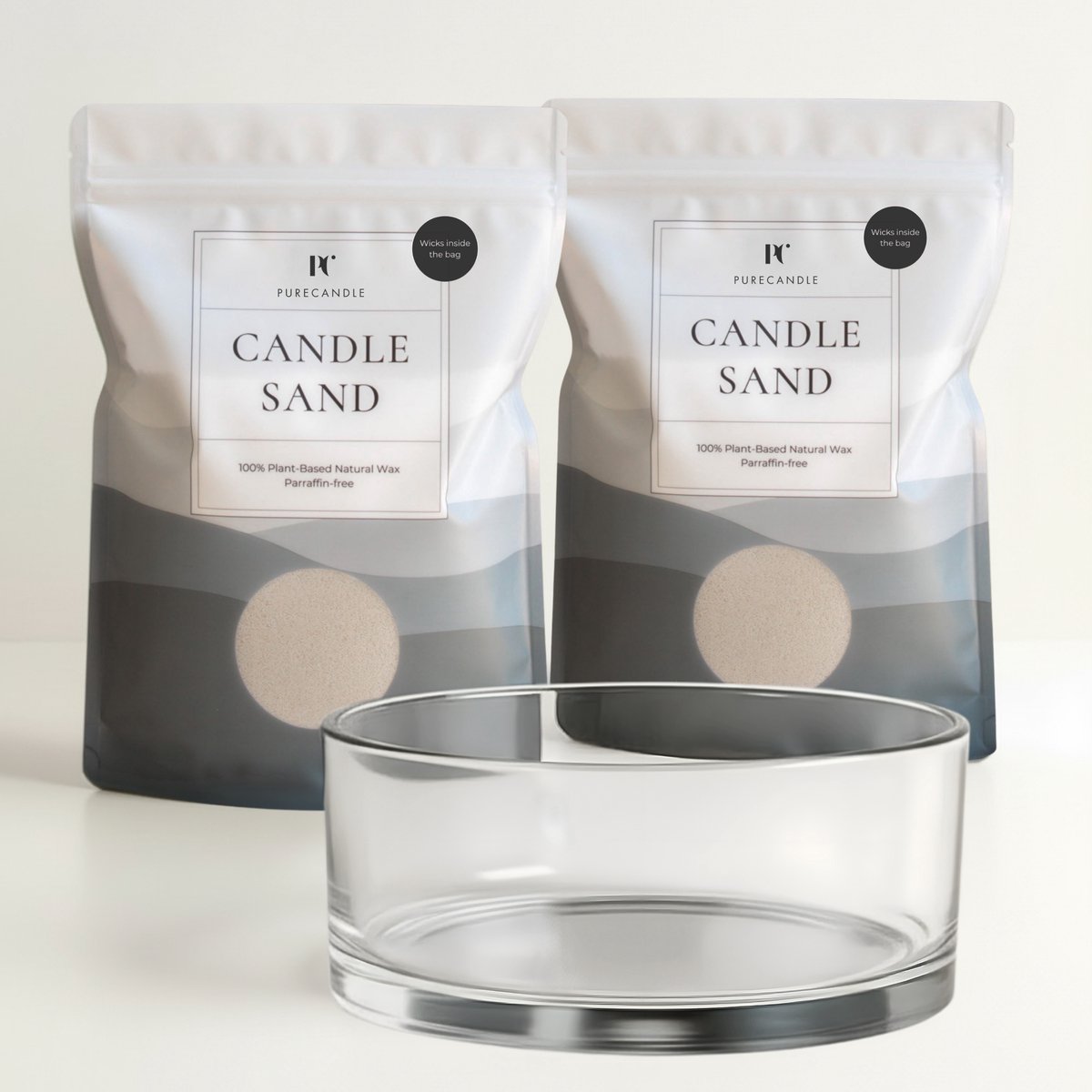 PureCandle Kaarsenzand Cadeauset – Licht Beige Kaarsenzand 900g + 60 Lonten – Glazen Schaa
