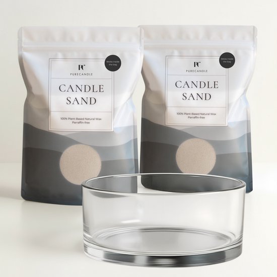 PureCandle Kaarsenzand Cadeauset – Licht Beige Kaarsenzand 900g + 60 Lonten – Glazen Schaal Clara Ø20 cm - Poederkaars Navulset & Kaarsendecoratie - Kaarszand starterpakket - Kaars parels