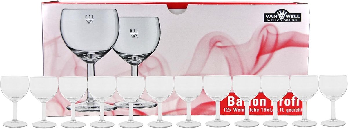 Set van 12 Gekalibreerde Wijnglazen Ballon Professioneel 19 cl - Geschikt voor Horeca