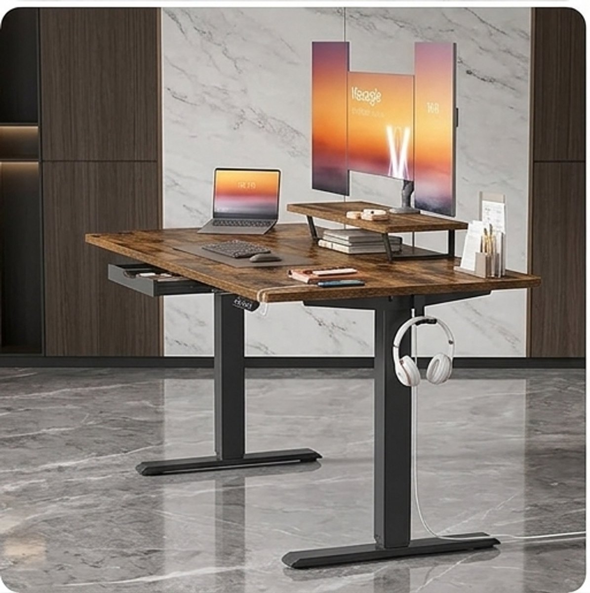 In hoogte verstelbaar Bureau met Monitorstandaard en Lade - A-Furniture - 160 x 80 cm - Vintagebruin - Gezond Werken met USB-C Aansluiting en Herinnering bij Lang Zitten