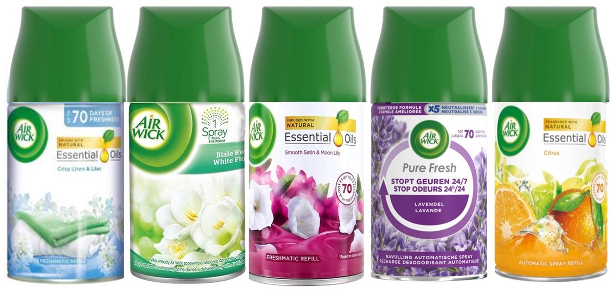 Air Wick navullingen MIX - Satin Moon Lily / Lavendel / Sprakling Citrus / Crisp Linen / White Flowers Fresia Oranje