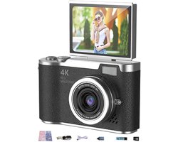 4K Digitale Camera - 48MP met Flip Screen - 8x Zoom - 32GB Geheugenkaart - Selfiecamera - Vlogcamera - Fototoestel - Fotocamera - Camera voor Kinderen en Volwassen - Zwart