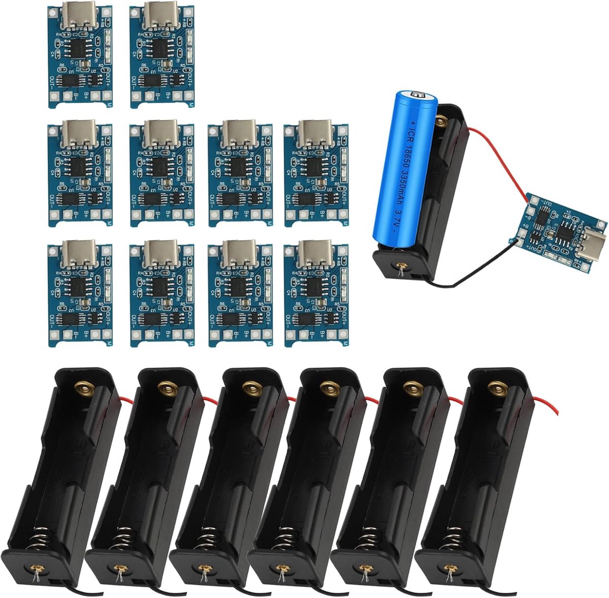 10x Type-C USB 5 V 1 A + 6x 18650 Batterijhouder 3,7 V - Laadmodules met Dual Protection