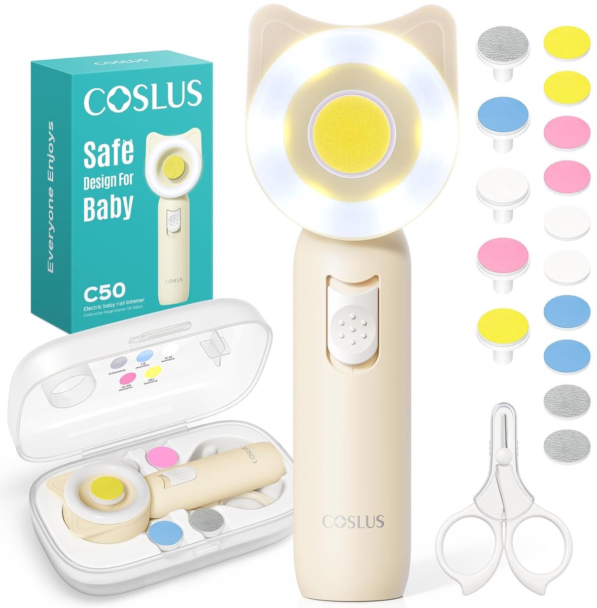 COSLUS Elektrische Baby Nagelvijl & Nageltrimmer - 16-in-1 Nagelverzorgingsset met 360° LED-Licht - Voor Pasgeborenen, Baby's & Peuters - Fluisterstil - Beige