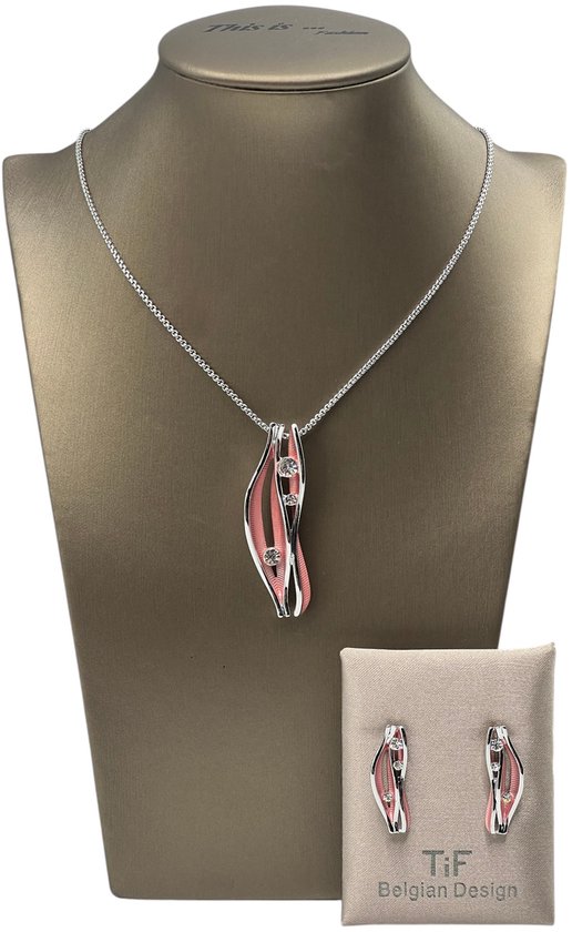 TIF - Sieraden - Sieradenset dames - Halsketting - Oorbellen - Zilver - Roze - Verstelbaar 42-47 cm