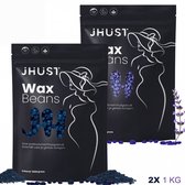 Twee zwarte zakken JHUST Wax Beans met paarse waxbonen en vrouw silhouet. 2 x 1 kg.