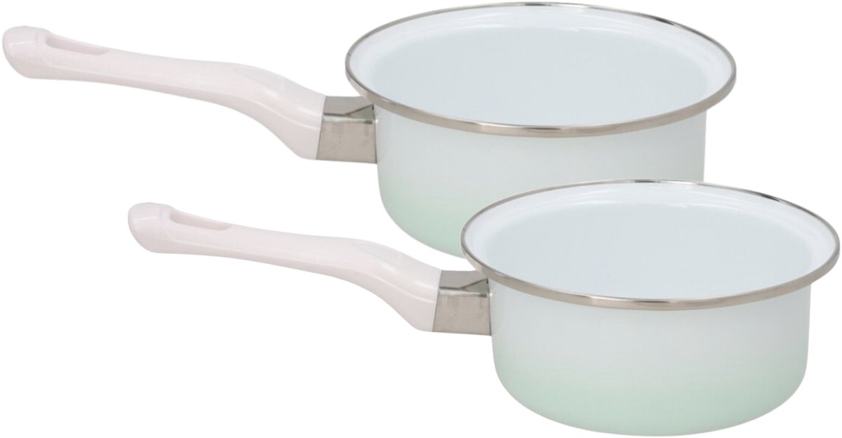 Melk en sauspannen set - 2x stuks - wit / blauw - D18 cm en D16 cm - emaille - steelpannen