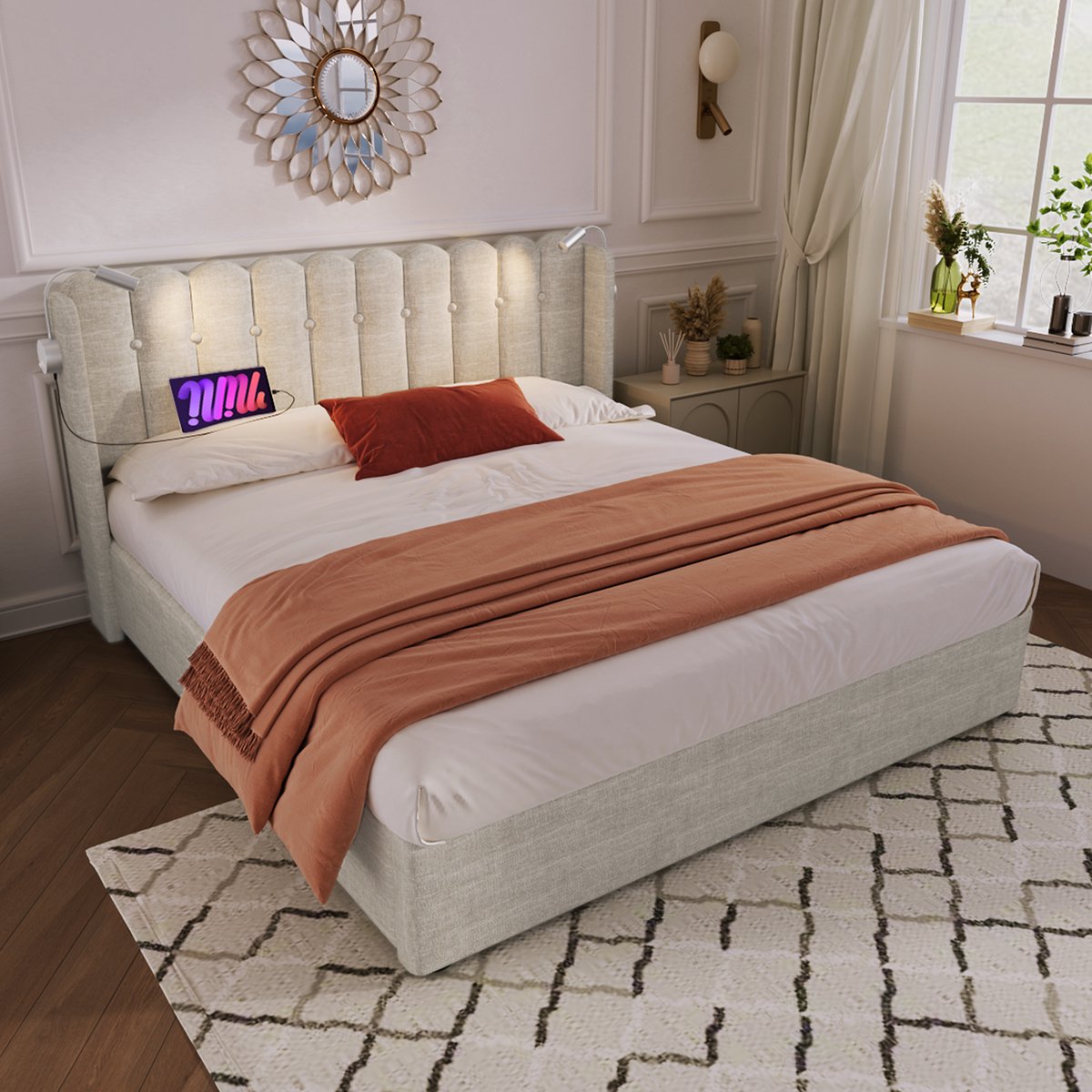 Wishdor – Bedframe 160x200 cm – Met Leeslamp & USB – Hydraulische Opbergruimte – Rustieke 