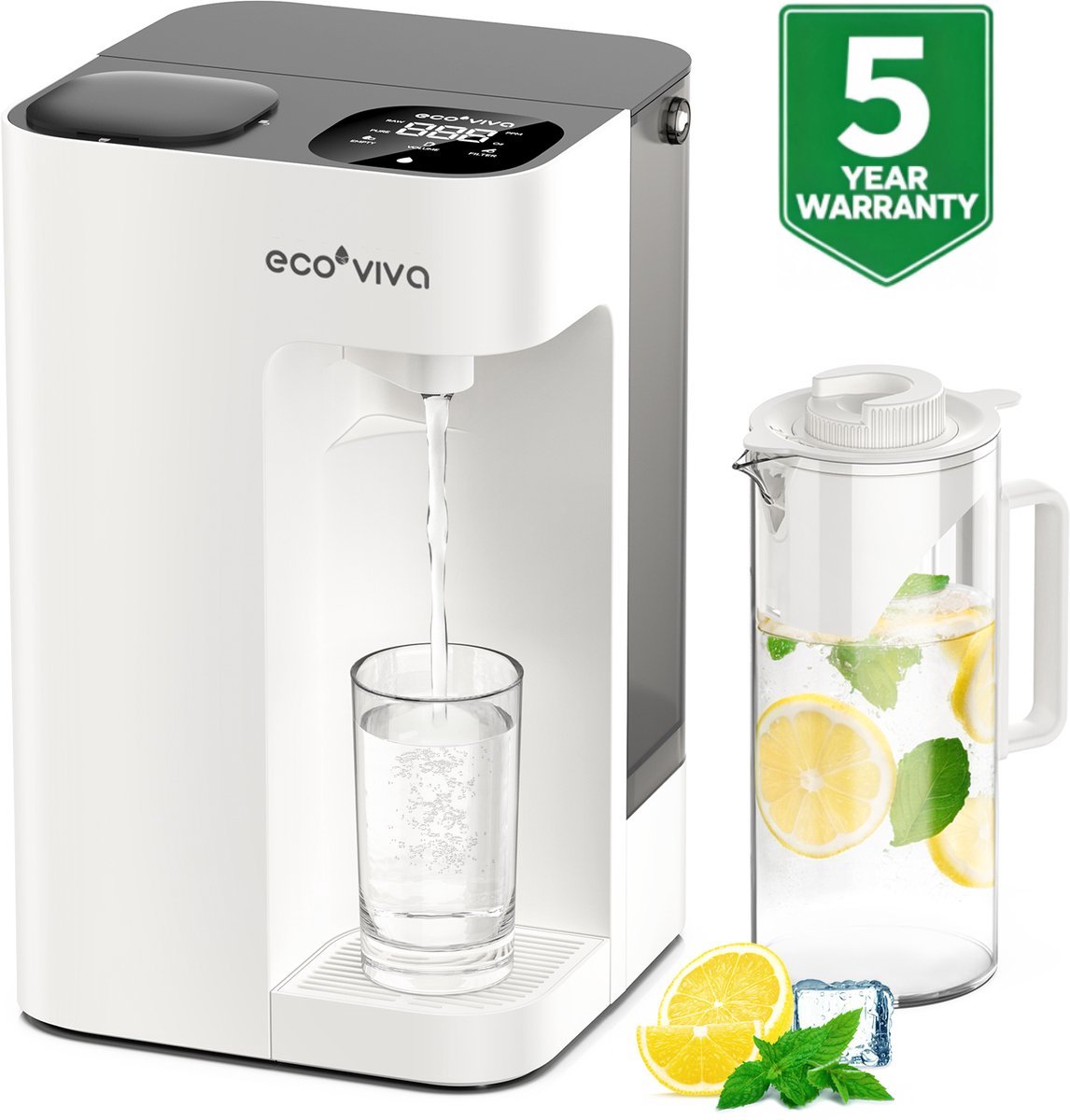 Ecoviva MATE3 Waterfilter - 8-Traps Omgekeerde Osmose Waterfiltratiesysteem - 3:1 Zuiver Water tot Afvalwater Verhouding - TDS Monitor - Met Multifunctionele Waterkoker - Wit