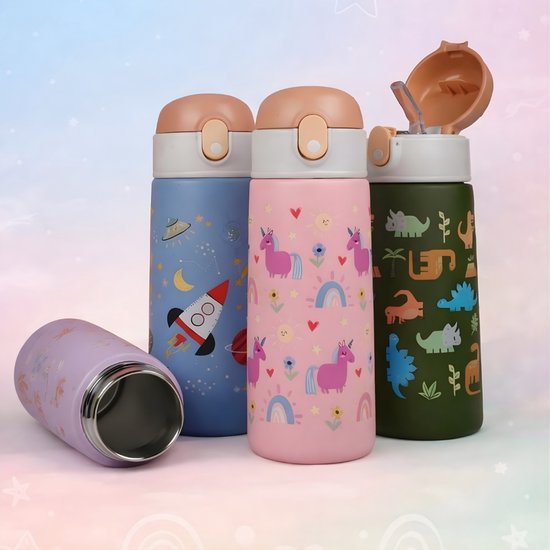 Pure Luv RVS Drinkfles met rietje - Magicsip - Drinkbeker - Roze - 500ml - Roestvrijstaal - RVS drinkfles Voor Kinderen - Inclusief Schoonmaakborstel - Kind- Peuter - BPA vrij - Unicorn - Schoolfles - Schoolreisje - Vakantiefles