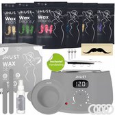 JHUST wax set met waxapparaat, 6 zakjes wax bonen, wax spatels, lotion spray en een snor.