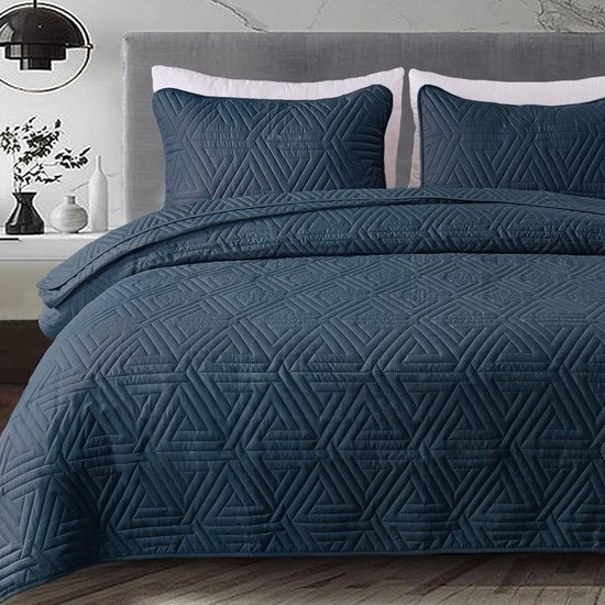 Oversized Dekbedovertrek en Kussenslopen Set - Zacht Microvezel - Marineblauw Geometrisch Patroon - 260x280 cm