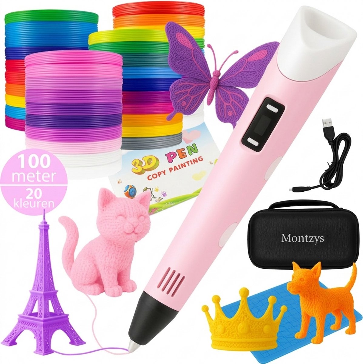Montzys® Ultieme 3D Pen Set XXL - 100 Meter Filament & 20 Kleuren - Advanced Starterspakket - Speelgoed & Tekenen - Inclusief Tekenmat, Voorbeeldboekje & Opbergdoosje