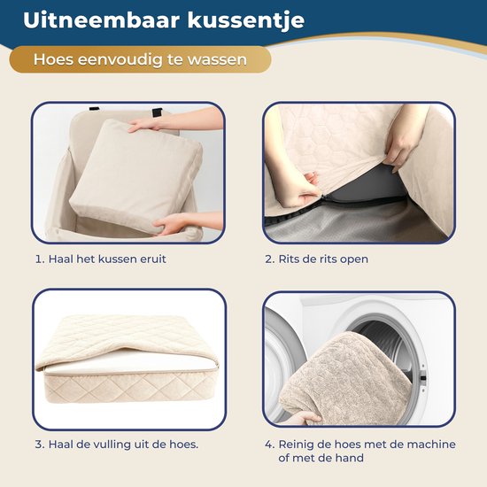 Een hoes van een beige honden autostoel wordt verwijderd, opengescheurd, in elkaar gevouwen en in een wasmachine geplaatst.