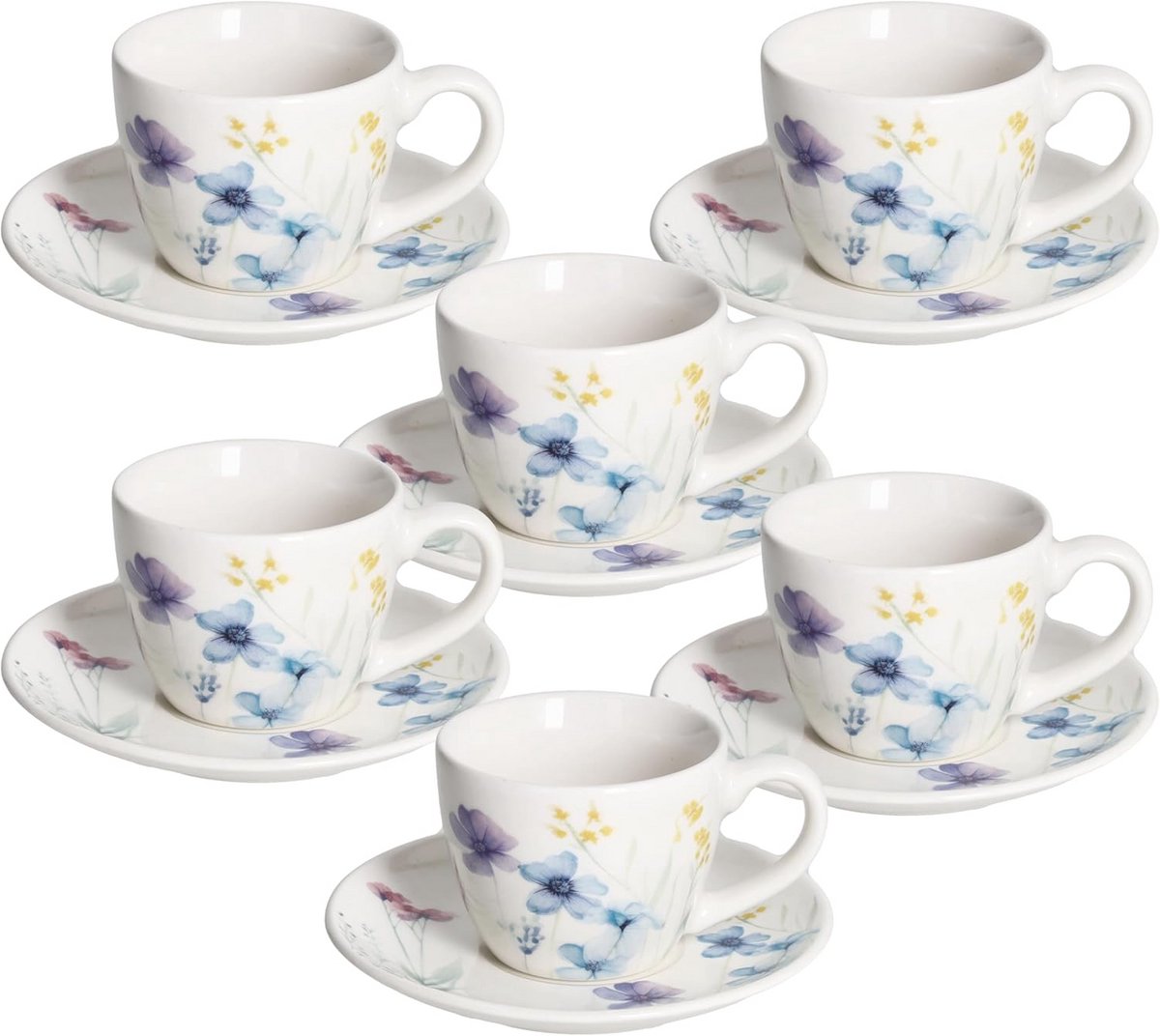 6-delige koffieset met schoteltjes, New Bone China, pastel bloemenprint