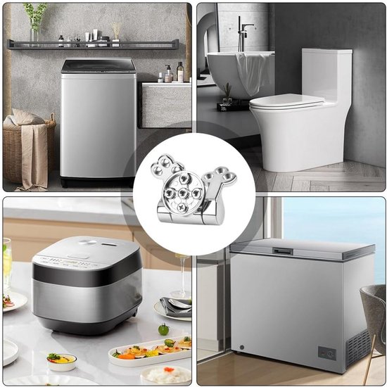 Collage van een toilet, wasmachine, diepvriezer, rijstkoker en een toiletbril scharnier.