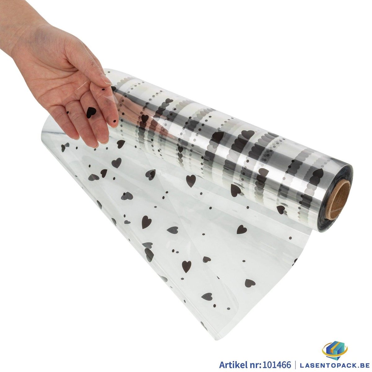 Cellofaan folie met Hartjes print zwart Cellofaan Transparant Folie - Bloemenfolie - Cellofaan - Inpakfolie 70 cm x 100 m - 25 micron - op rol - bloemenfolie -Cadeaupapier-geschenkverpakking