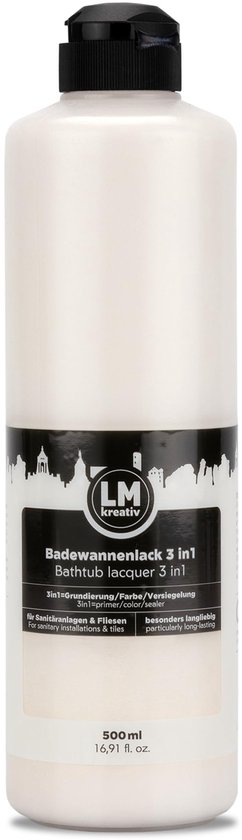 Fles badkuip lak 3 in 1 in parelmoer kleur. De fles is van plastic met een zwarte dop en een etiket met logo.