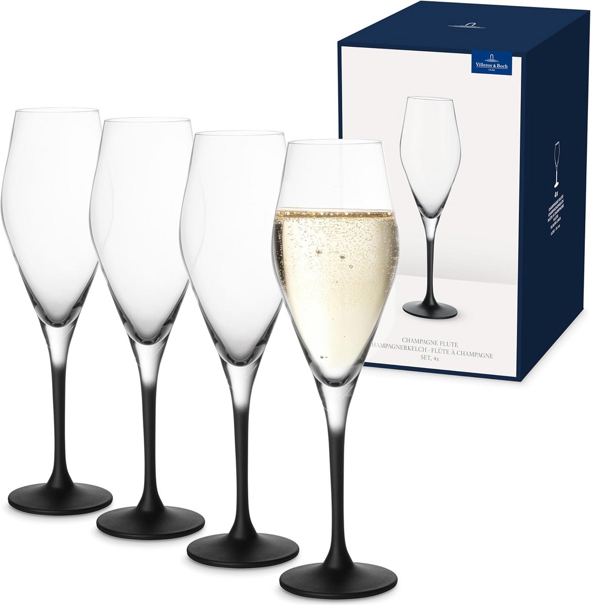 Set van 4 Champagneglazen met Zwarte Bovenkant en Onderkant