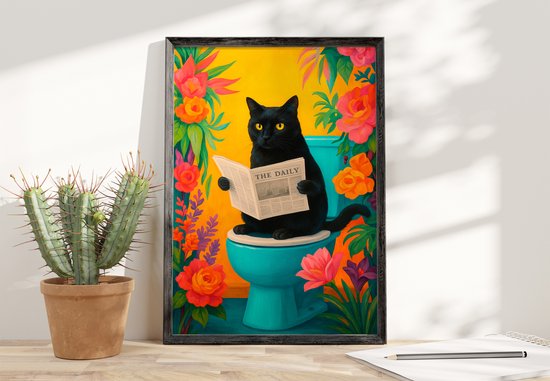 Chat noir lisant le journal 'The Daily' sur des toilettes turquoise, entouré de fleurs et de plantes colorées sur fond jaune.