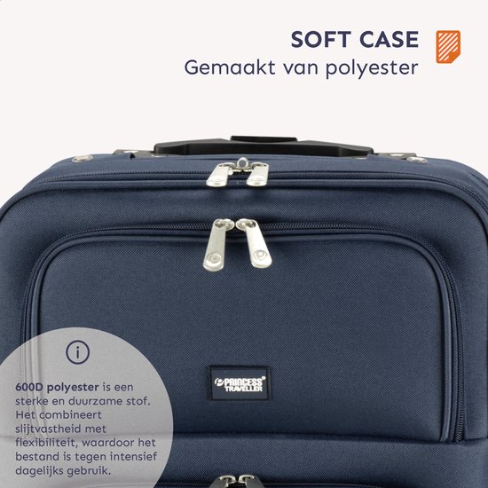 Donkerblauwe polyester koffer met ritssluiting en logo 'Princess Traveller'.