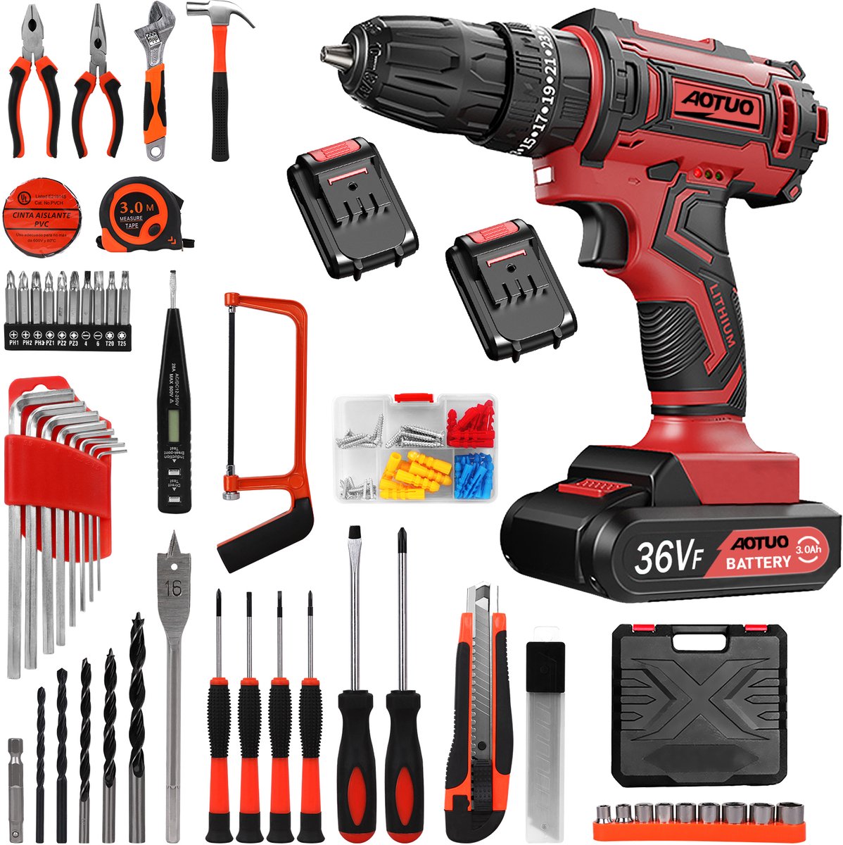 36V Accuboormachine/Schroevendraaier-Maximaal 40 Nm koppel-2 snelheden-100 accessoires -2 Accu's