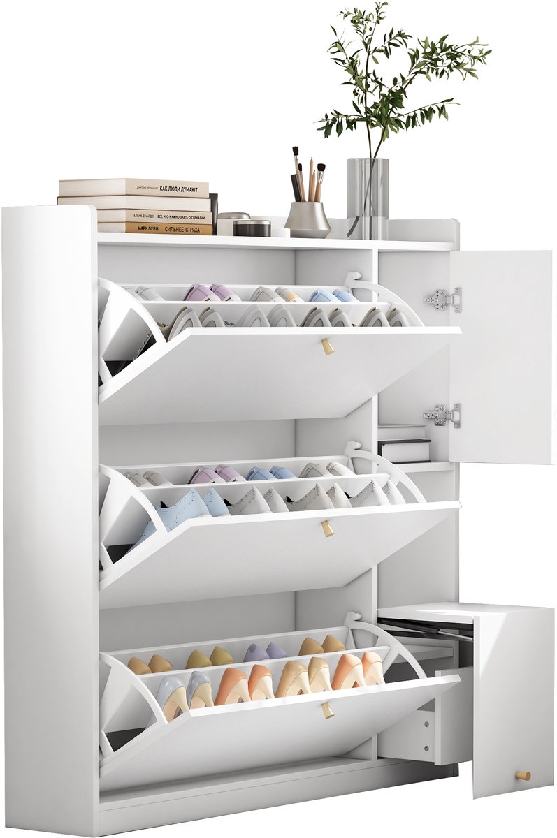 YYchan Moderne Witte Schoenenkast met 3 Kleppen - Schoenenrek met Uitklapbare Zitbank & Lade - Ruimtebesparende Opberger voor de Hal - 119x24x122 cm