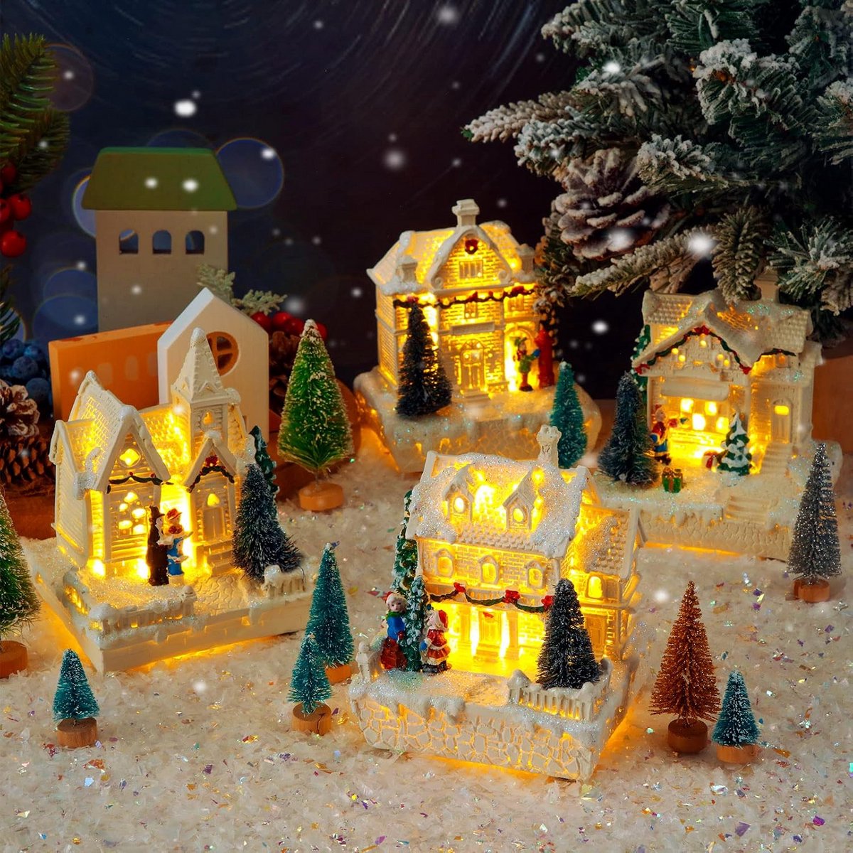 Set Kerstdorp Accessoires met Verlichte Huizen en Besneeuwde Bomen voor Tafeldecoratie – foto 7