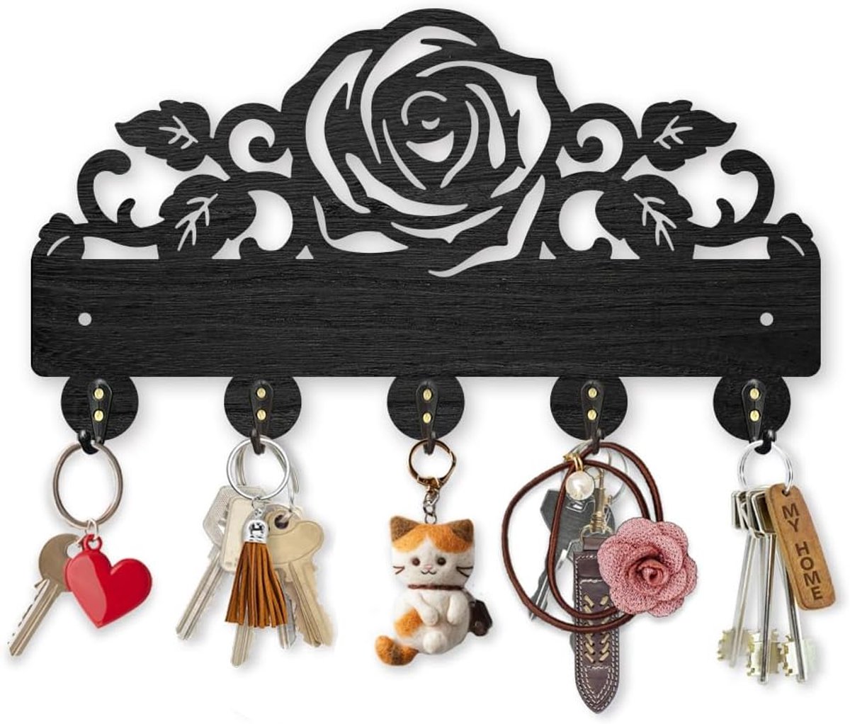 Houten Sleutelrek met Rozenmotief - Wandmontage met 5 Haken