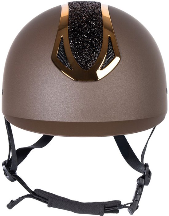 Bruine rijhelm met gouden rand, glitterdetail en zwarte mesh panelen.