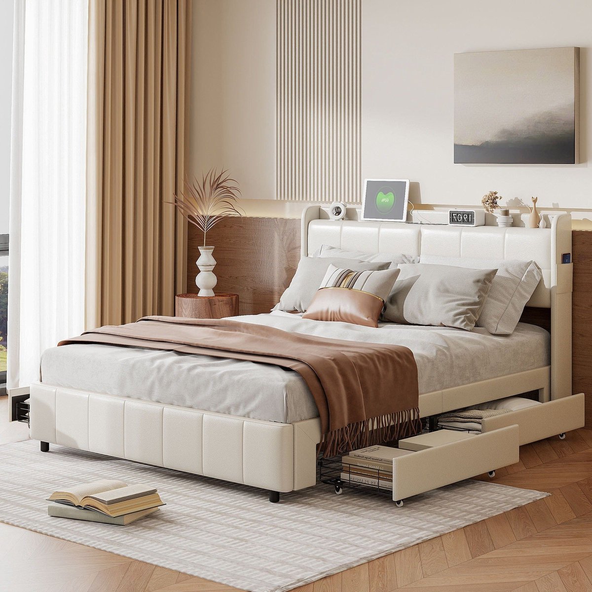 Bed 140x200 cm – Tweepersoonsbed – Opbergbed – Boxspringbed – Slaapbed – Beige Velvet Bekleding – 4 Opbergladen – Stevig MDF Frame – Gewichtscapaciteit 300 kg