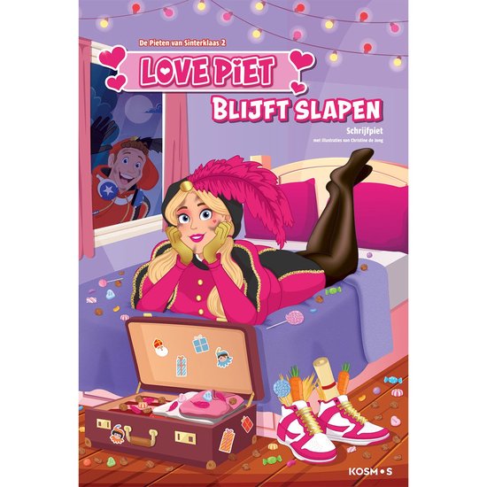Cover van het kinderboek 'Love Piet blijft slapen'. Een blond meisje in Pietenkostuum ligt op een bed met roze beddengoed. Een open koffer en schoenen staan naast het bed.