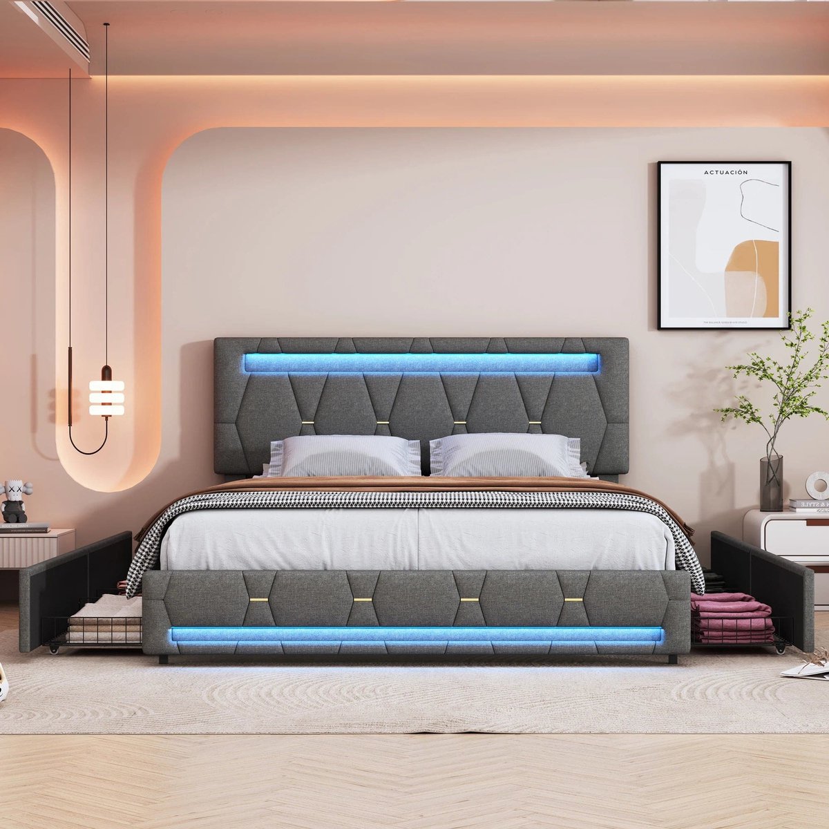 Gestoffeerd Tweepersoonsbed – 140 x 200 cm – Bedframe – Slaapbank – Opbergbed – Led Bed – Verstelbaar Hoofdeinde – USB Oplaadpoort – 4 Lade Opbergruimte – Dimbare LED-verlichting