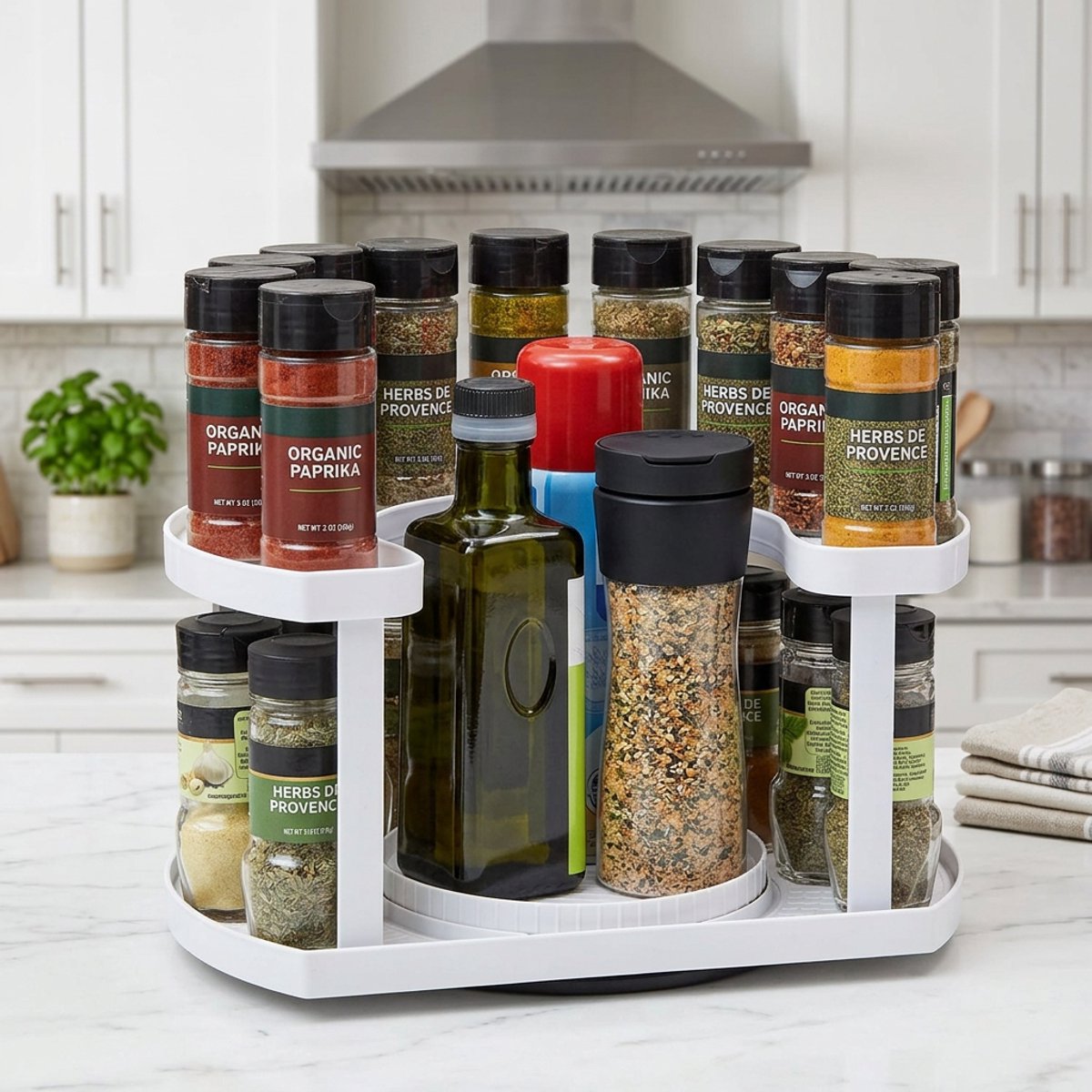 CHIWIN Draaibaar Kruidenrek 2 Lagen – 360° Draaiplateau Keuken Organizer Met Verstelbare Hoogte Wit
