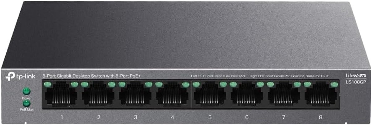 8-poorts Gigabit Ethernet Switch met PoE+ - Ideaal voor Netwerkbeveiliging en IP Monitoring