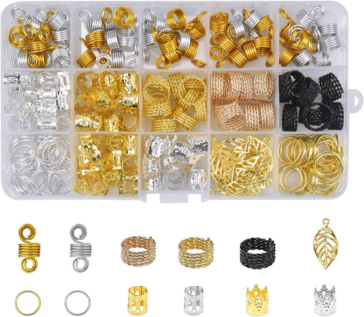 Haaraccessoires Set met 200 Dreadlocks Cuffs, Ringen en Clips