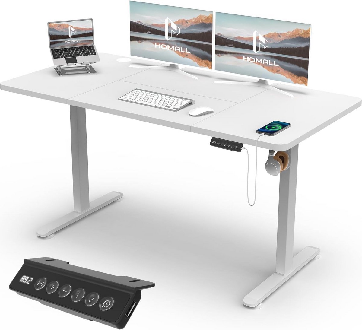 Verstelbaar Zittend Staand Bureau 140 x 60 cm met USB-oplader en Geheugenposities