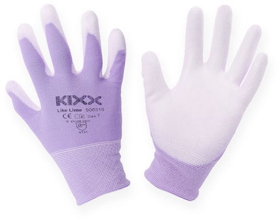 Paarse en witte Kixx tuinhandschoenen, maat 7, met gestreepte manchetten.