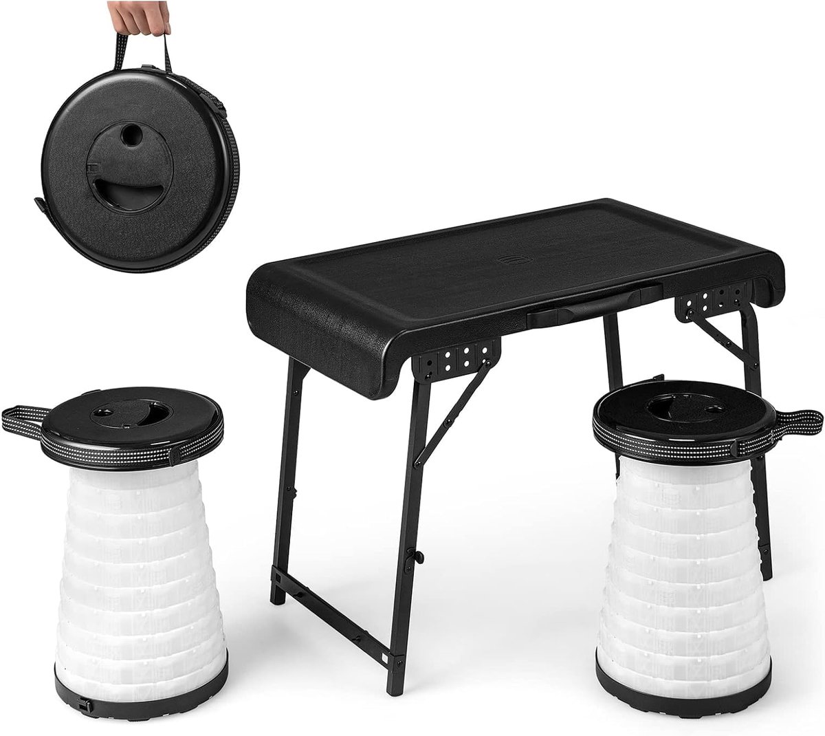 KOMFOTTEU 3-delige opvouwbare campingtafelset, draagbare picknicktafel met 2 uittrekbare led-krukken, stabiele zitgroep voor picknick, kamperen, barbecue en vissen, voor strand, tuin, achtertuin, zwart