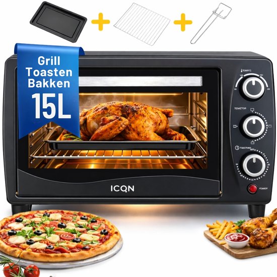 ICQN Vrijstaande Mini Oven - 15L - 1200W - Camping oven - Grillrooster - Zwart