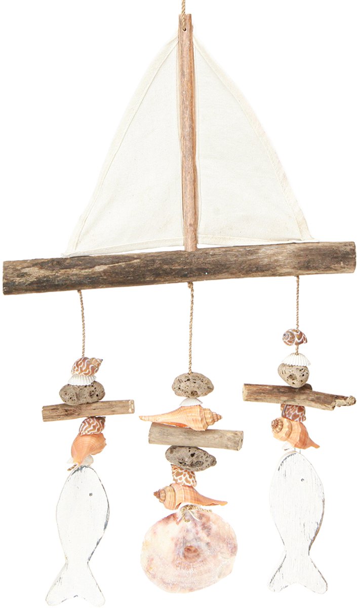 Windgong zeilschip decoratie vis hout wit natuurlijk H56cm