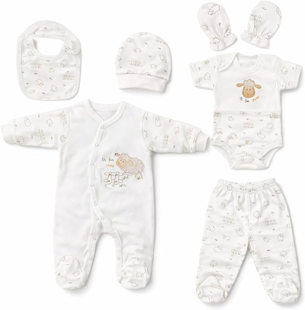Blue Eyes babycadeauset voor pasgeborenen, 100% natuurlijk katoen, eerste uitrusting, uniseks kleding, cadeauset, 6 delig, babyuitrusting voor baby's van 0-4 maanden (lam)
