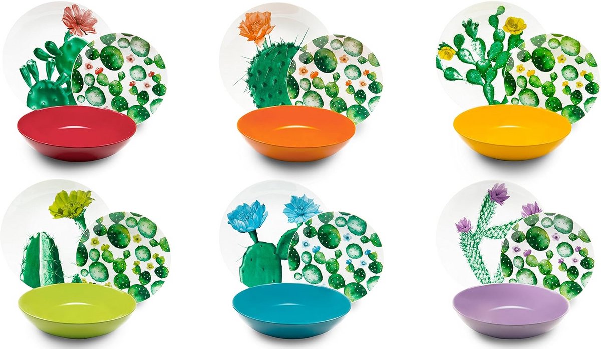 18-delig kleurevol cactus bordenservies van porselein en keramiek